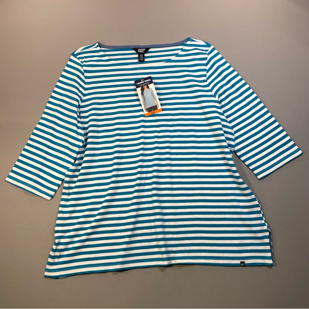 NWT Lands' End 3/4 Sleeve Boat-Neck Pima Cotton Tee, Striped Shirt - Womens XXL
